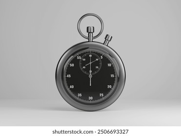 Classic metallic chrome mechanical analog stopwatch isolated on white background. 3d illustration