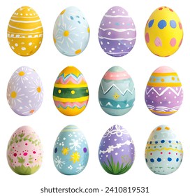 Collection of colourful hand painted decorated easter eggs on white background cutout file. Pattern and graphic set. Many different design. Mockup template for artwork design