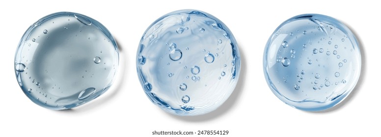 Glycerin gel texture. Blue serum toner drop isolated on white background. Liquid gel moisturizer with bubbles macro