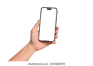 Mano que muestra el smartphone con la pantalla en blanco aislada en el fondo blanco. Concepto de negocio, finanzas, Educación y Tecnología. Imagen de alta calidad.