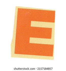 letter e magazine cut out font, ransom letter, isolated collage elements for text alphabet. hand made and cut, high quality scan. halftone pattern and texture detail. newspaper and scraps