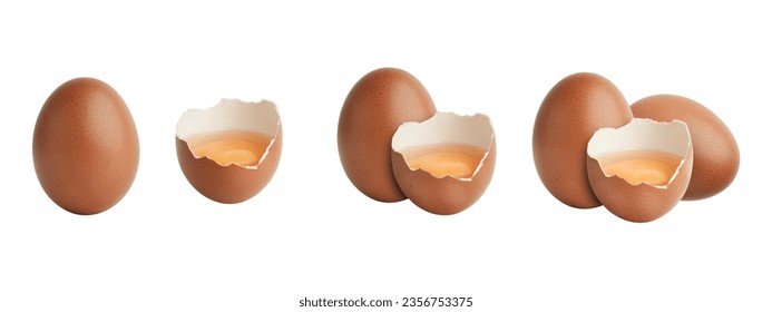 Set of chicken egg, cracked egg, culinary ingredient, Whole and broken fresh raw eggs, easter egg. Png or white background. Yolk, albumen, Poultry farming.    