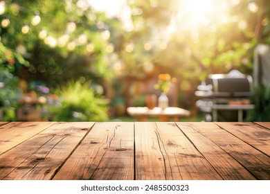 Summer time in backyard with wooden table, grill BBQ and blurred background