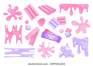 Bubble gum splashes mega set elements in flat graphic design. Bundle objects of pink and purple chewy sweet candies, jelly stains, slimy stripes, gummy and sticky stretchy forms. Vector illustration.