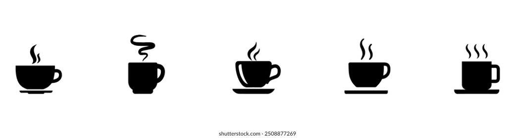 Conjunto de iconos de taza de café. Tazas de colección de café y té. Icono de bebida caliente. Taza desechable. Taza de café con vapor. Estilo plano. Ilustración vectorial. Gráfico de Vector. EPS 10