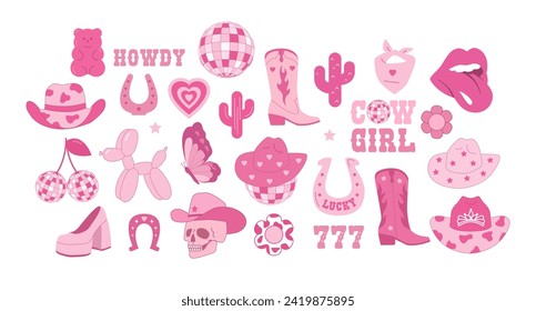 Los íconos rosados de vaquero y vaquera se ponen. sombrero de vaquero, bola de disco, botas, suerte, cactus. Núcleo rosado Y2K. Vector