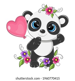 Isolated vector panda on a white background with a balloon in its paws around which there are many flowers. Clip art is made in cartoon style. The funny animal has cute eyes and a smile.