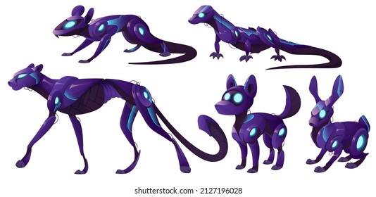 Mechanical animals, panther, lizard, dog and rabbit robots. Vector cartoon set of futuristic pets cyborgs, purple mechanic rat, hare, jaguar and reptile isolated on white background