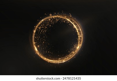 Vector light line effect of golden circle. Luminous fire trail on a transparent background. Light round line with an advantage effect. Golden dust circle light png.	
