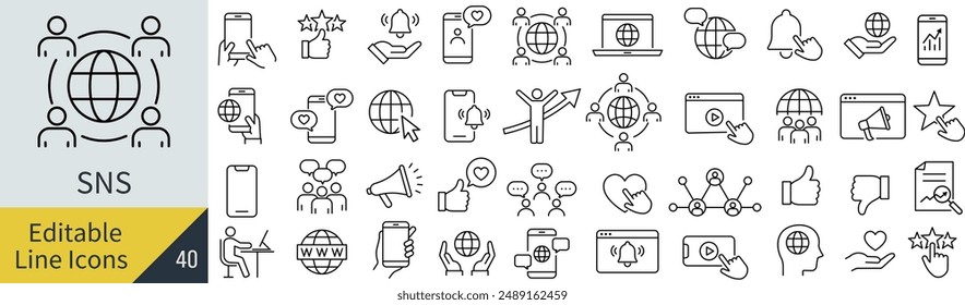 Vector Monochrome Rating and Social Media-Related Line Art Icon Set