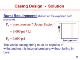 39
Casing Design - Solution
Burst Requirements (based on the expected pore
pressure)
The whole casing string must be capable of
withstanding this internal pressure without failing in
burst.
psi
600
,
6
P
1
.
1
*
psi
000
,
6
Factor
Design
*
pressure
pore
P
B
B



Depth
Pressure
 