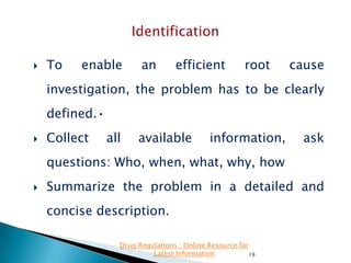 

To

enable

an

efficient

root

cause

investigation, the problem has to be clearly
defined.•


Collect

all

available

information,

ask

questions: Who, when, what, why, how


Summarize the problem in a detailed and

concise description.
Drug Regulations : Online Resource for
Latest Information
19

 