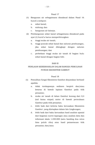 - 13 -
Pasal 17
(1) Bangunan air sebagaimana dimaksud dalam Pasal 16
huruf a meliputi:
a. sekat kanal;
b. embung; dan
c. bangunan air lainnya.
(2) Pembangunan sekat kanal sebagaimana dimaksud pada
ayat (1) huruf a harus memperhitungkan:
a. tinggi muka air tanah;
b. tinggi puncak sekat kanal dan saluran pembuangan,
jika sekat kanal dilengkapi dengan saluran
pembuangan; dan
c. perbedaan tinggi muka air tanah di bagian hulu
sekat kanal dengan bagian hilir.
BAB III
PENILAIAN KEBERHASILAN DALAM RANGKA PEMULIHAN
FUNGSI EKOSISTEM GAMBUT
Pasal 18
(1) Pemulihan fungsi Ekosistem Gambut dinyatakan berhasil
apabila:
a. tidak tereksposnya sedimen berpirit dan/atau
kwarsa di bawah lapisan Gambut pada titik
penaatan;
b. muka air tanah di lahan Gambut kurang dari 0,4
(nol koma empat) meter di bawah permukaan
Gambut pada titik penaatan;
c. lebih baik dari kriteria baku kerusakan Ekosistem
Gambut yang ditetapkan dalam Izin Lingkungan;
d. lebih baik dari baku kerusakan hasil analisis spasial
dari kegiatan survei lapangan atau analisis data dan
informasi skala 1:250.000 (satu banding dua ratus
lima puluh ribu) atau hasil pemantauan titik
penaatan; dan/atau
 