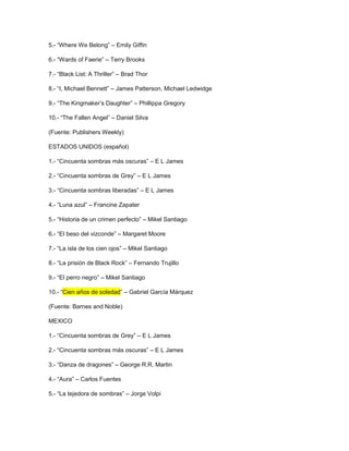 5.- “Where We Belong” – Emily Giffin

6.- “Wards of Faerie” – Terry Brooks

7.- “Black List: A Thriller” – Brad Thor

8.- “I, Michael Bennett” – James Patterson, Michael Ledwidge

9.- “The Kingmaker’s Daughter” – Phillippa Gregory

10.- “The Fallen Angel” – Daniel Silva

(Fuente: Publishers Weekly)

ESTADOS UNIDOS (español)

1.- “Cincuenta sombras más oscuras” – E L James

2.- “Cincuenta sombras de Grey” – E L James

3.- “Cincuenta sombras liberadas” – E L James

4.- “Luna azul” – Francine Zapater

5.- “Historia de un crimen perfecto” – Mikel Santiago

6.- “El beso del vizconde” – Margaret Moore

7.- “La isla de los cien ojos” – Mikel Santiago

8.- “La prisión de Black Rock” – Fernando Trujillo

9.- “El perro negro” – Mikel Santiago

10.- “Cien años de soledad” – Gabriel García Márquez

(Fuente: Barnes and Noble)

MEXICO

1.- “Cincuenta sombras de Grey” – E L James

2.- “Cincuenta sombras más oscuras” – E L James

3.- “Danza de dragones” – George R.R. Martin

4.- “Aura” – Carlos Fuentes

5.- “La tejedora de sombras” – Jorge Volpi
 