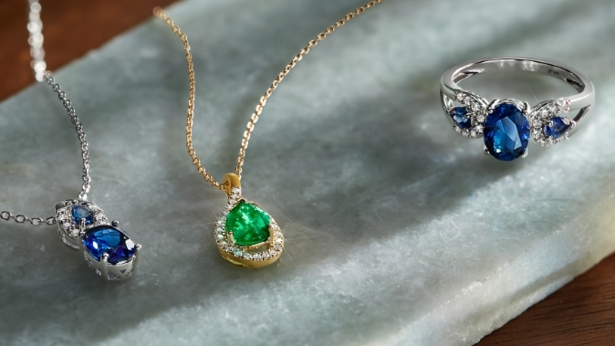 Classic precious gemstones, including blue sapphire, emerald and ruby