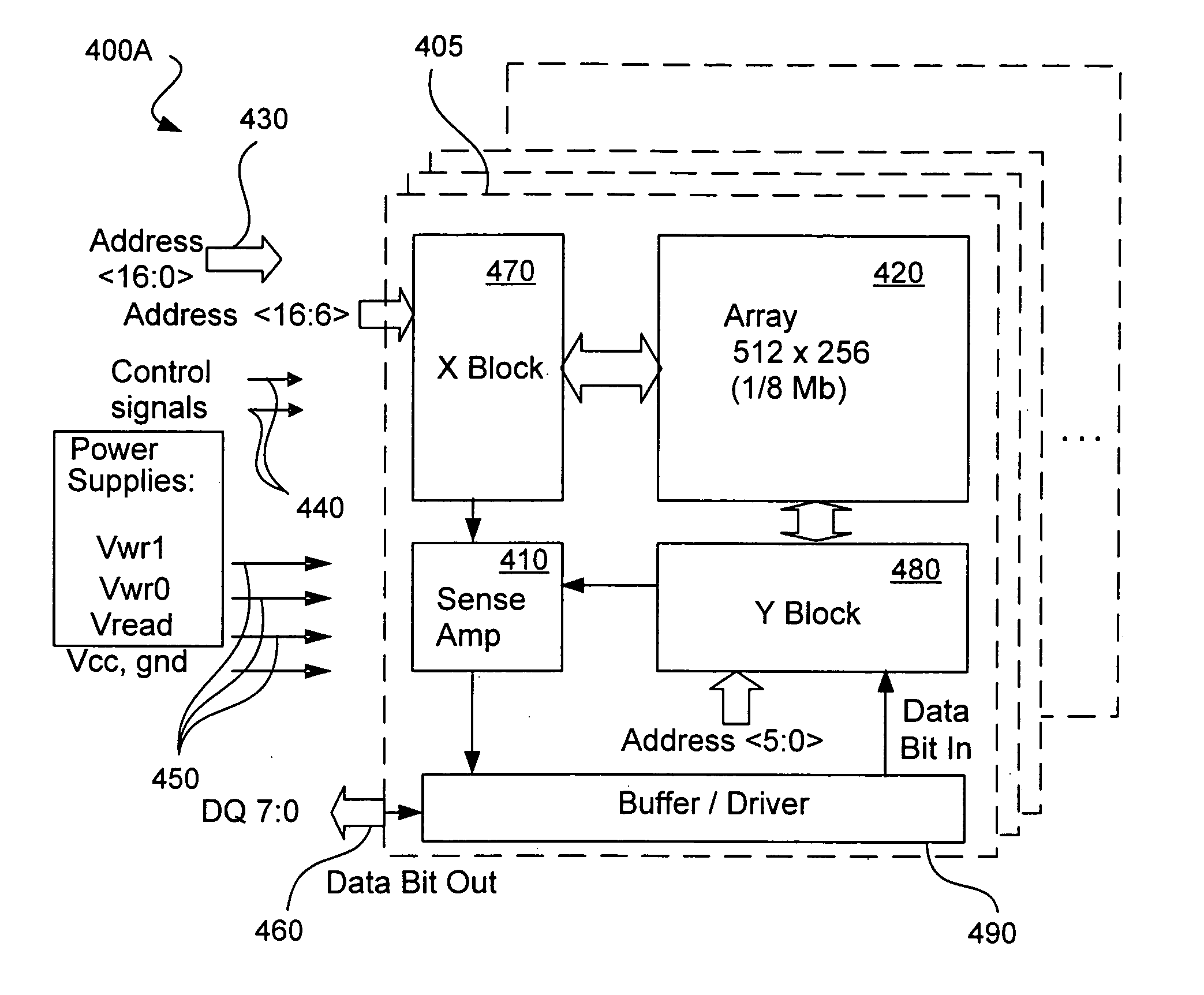 Two terminal memory array having reference cells