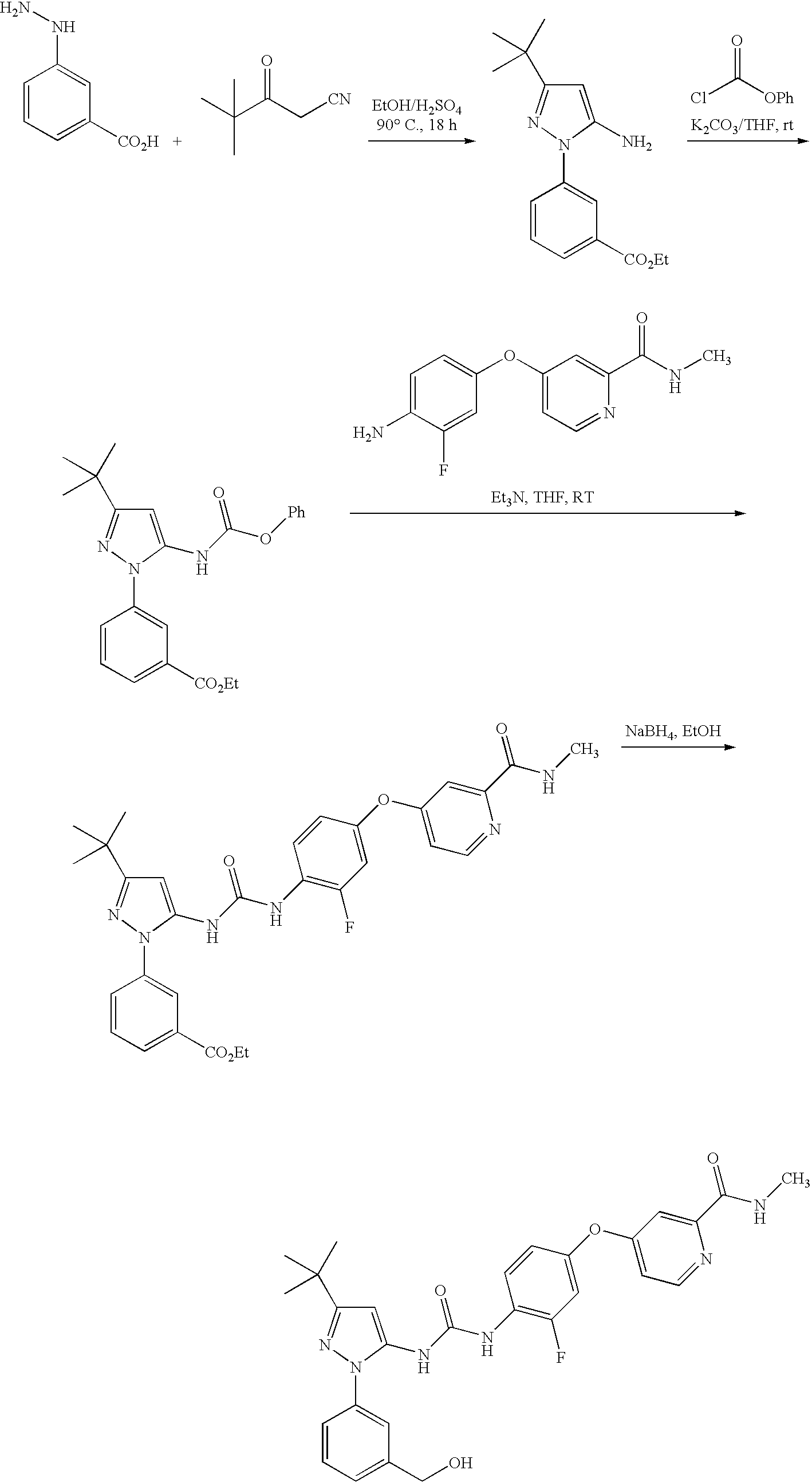 Hydroxy methyl phenyl pyrazolyl urea compounds useful in the treatment of cancer