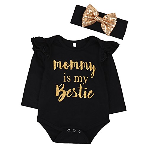 Newborn Baby Girls Clothes Floral “Mommy is My bestie” Bodysuit Romper +headband (6-9 Months, Black)