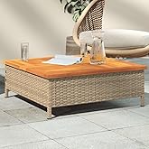 CUMYZO Patio Table Beige 27.6"x27.6"x9.8" Rattan and Acacia Wood,Outdoor Tables