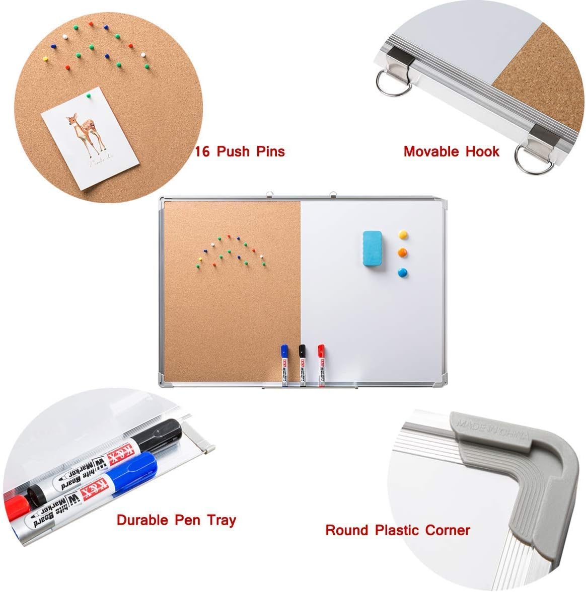 DOEWORKS 36″ x 24″ Magnetic Whiteboard & Cork Board Combo Board Set ...