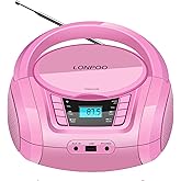 LONPOO Portable Boombox - CD Player, Bluetooth, USB, MP3, AUX, FM Radio, Portable, Built-in Stereo Speakers, Carrying Handle,