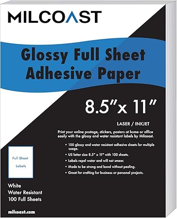 Milcoast Full Sheet 8.5” x 11” Shipping Sticker Paper Adhesive Labels ...