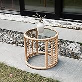 JOIVI Outdoor Wicker Side Table, All-Weather Patio Rattan End Table with Glass Top, Round Coffee Table for Patio Bistro Set, 