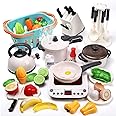 CUTE STONE 40PCS Pretend Play Kitchen Toys,Toy Cookwares with Spray Pressure Cooker,Electronic Induction Cooktop and Cooking 