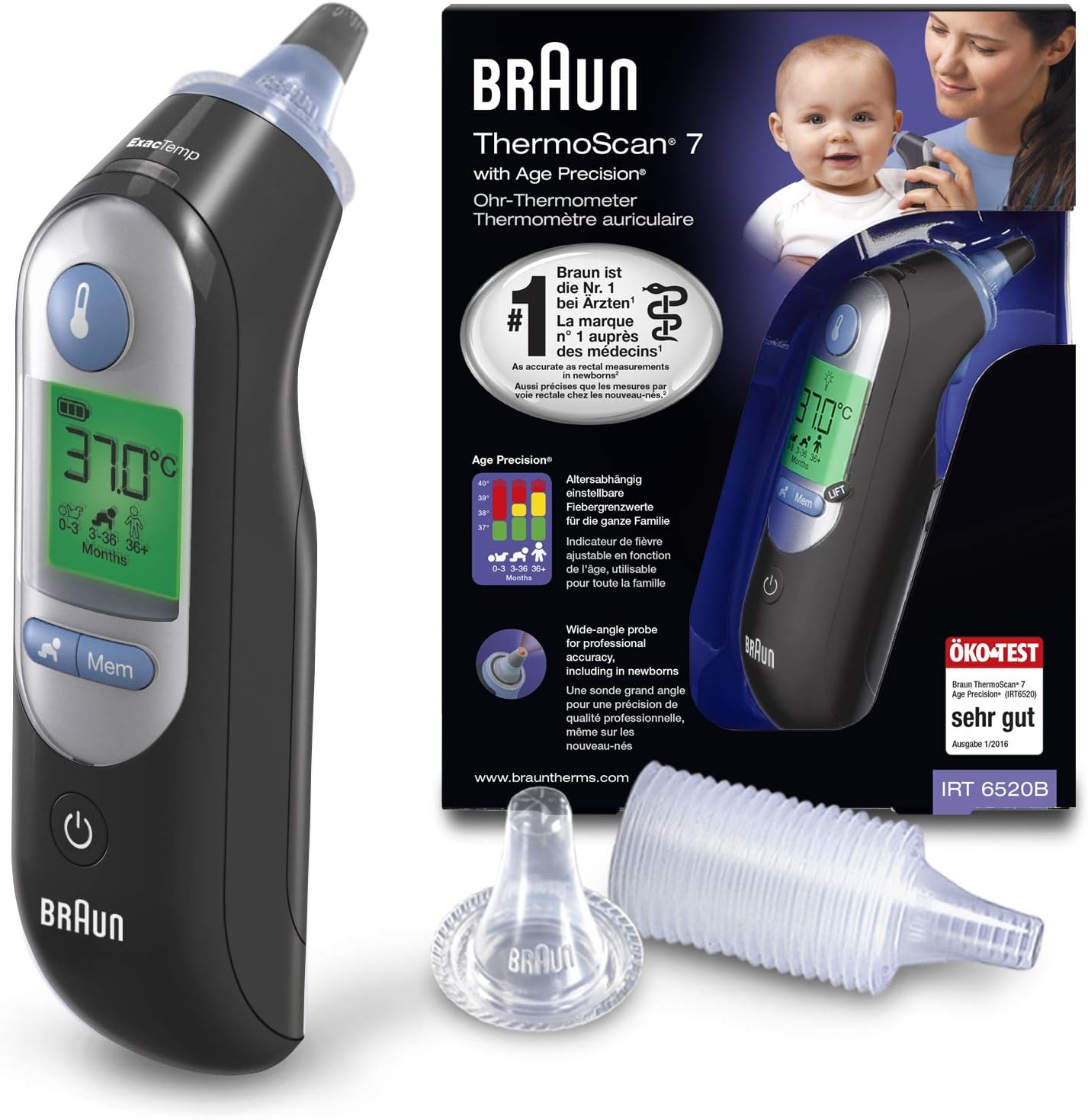 Braun ThermoScan 7 Black Edition - Termómetro de oído con Age Precision, color negro