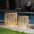 Solar Yard Boho Solar Nesting Tables with Built-in Lights - Set of 2, Weather-Resistant Wicker for Patio, Porch, Garden, Perf