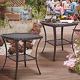 Outdoor Patio Side Table Set of 2 Small Brown Wicker Rattan End Table for Outside Storage Coffee Table with Poly Lumber Table