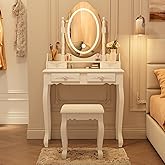 Vanity Desk with Mirror and Lights, Modern Vanity Makeup Table and Cushioned Stool Set with 4 Drawers, 3 Color Lighting Modes