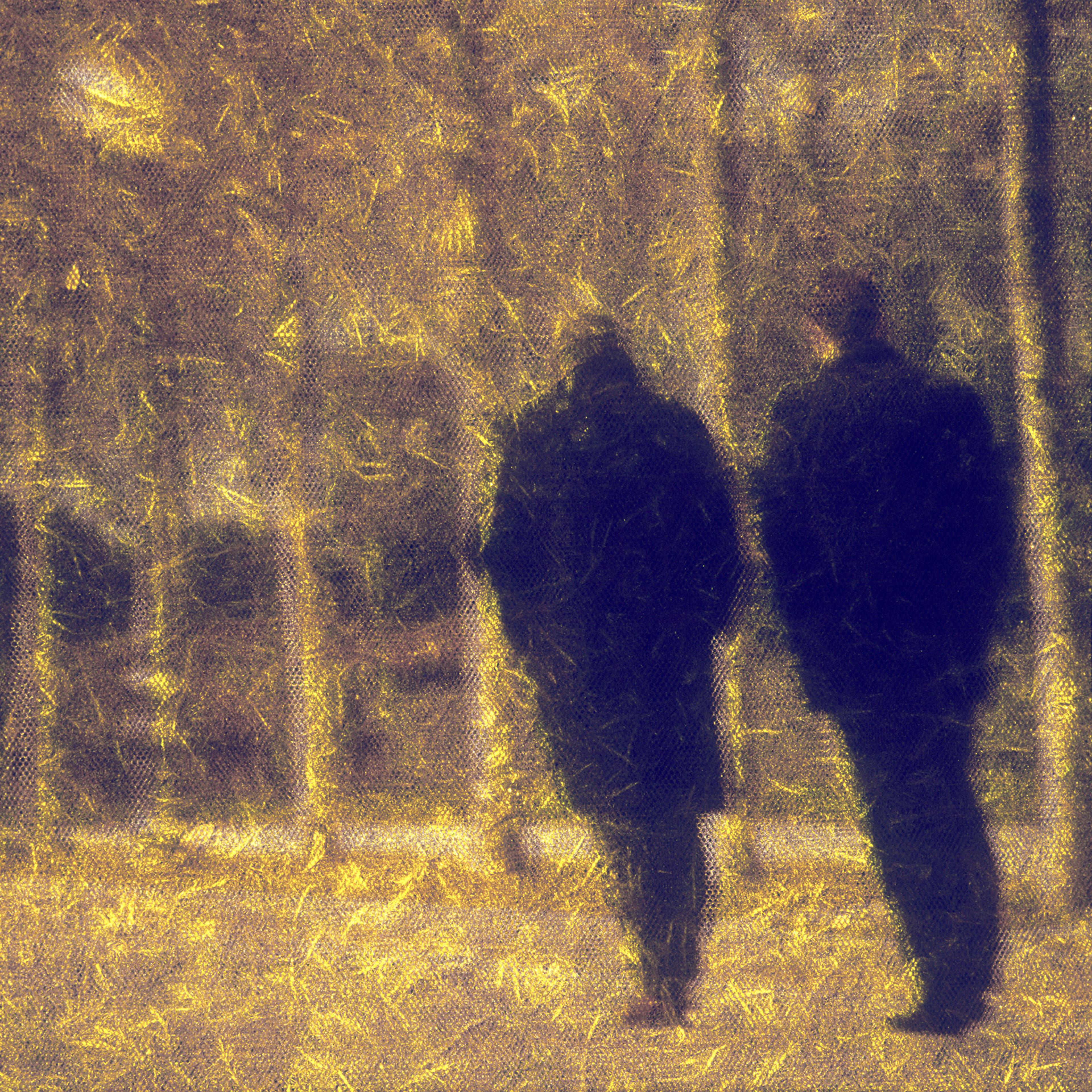 A painting of two silhouetted figures walking together in a golden, textured forest scene filled with warm, glowing light.