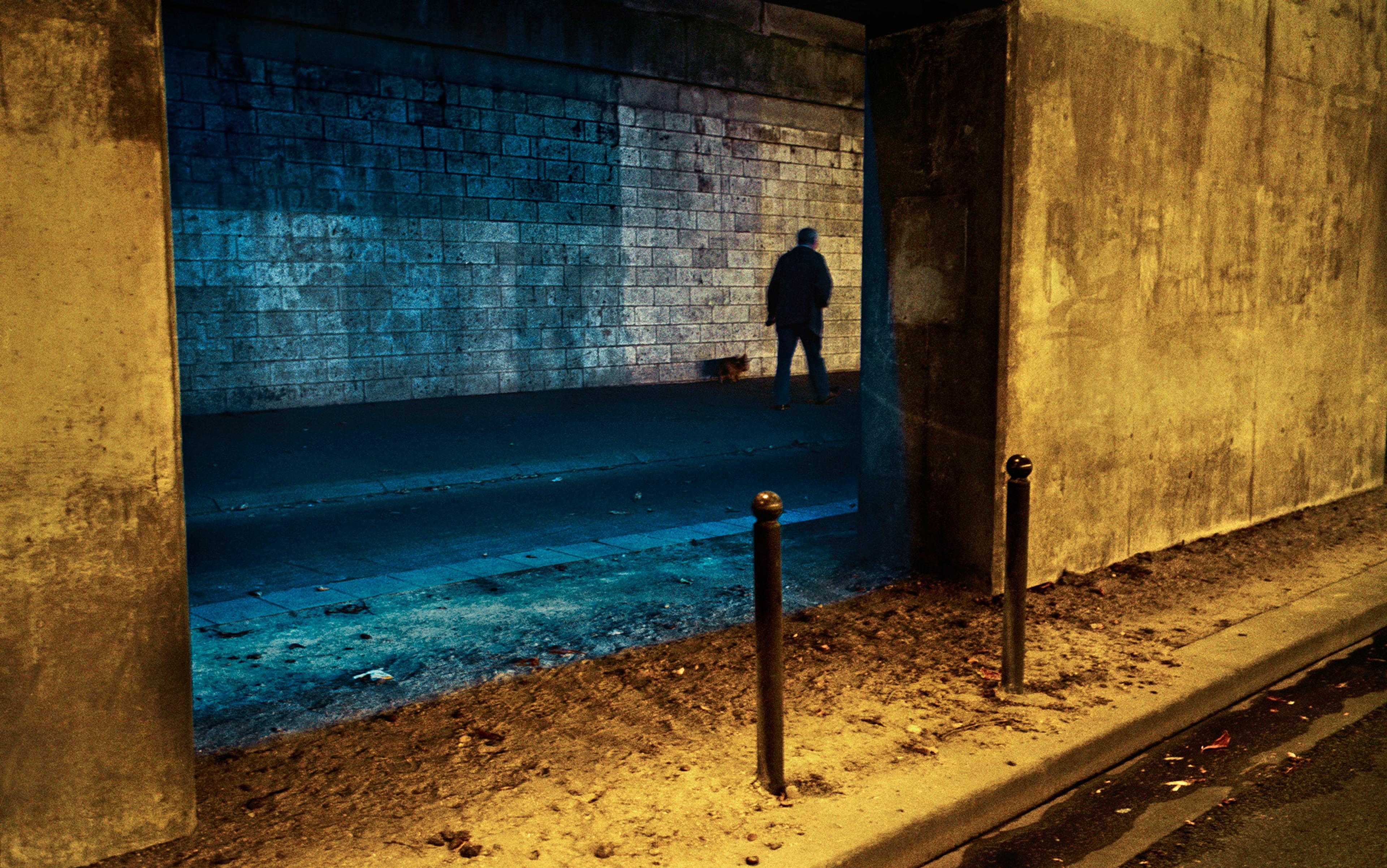 A silhouetted figure walking with a dog through a dimly lit tunnel, contrasting with bright concrete walls in the foreground.