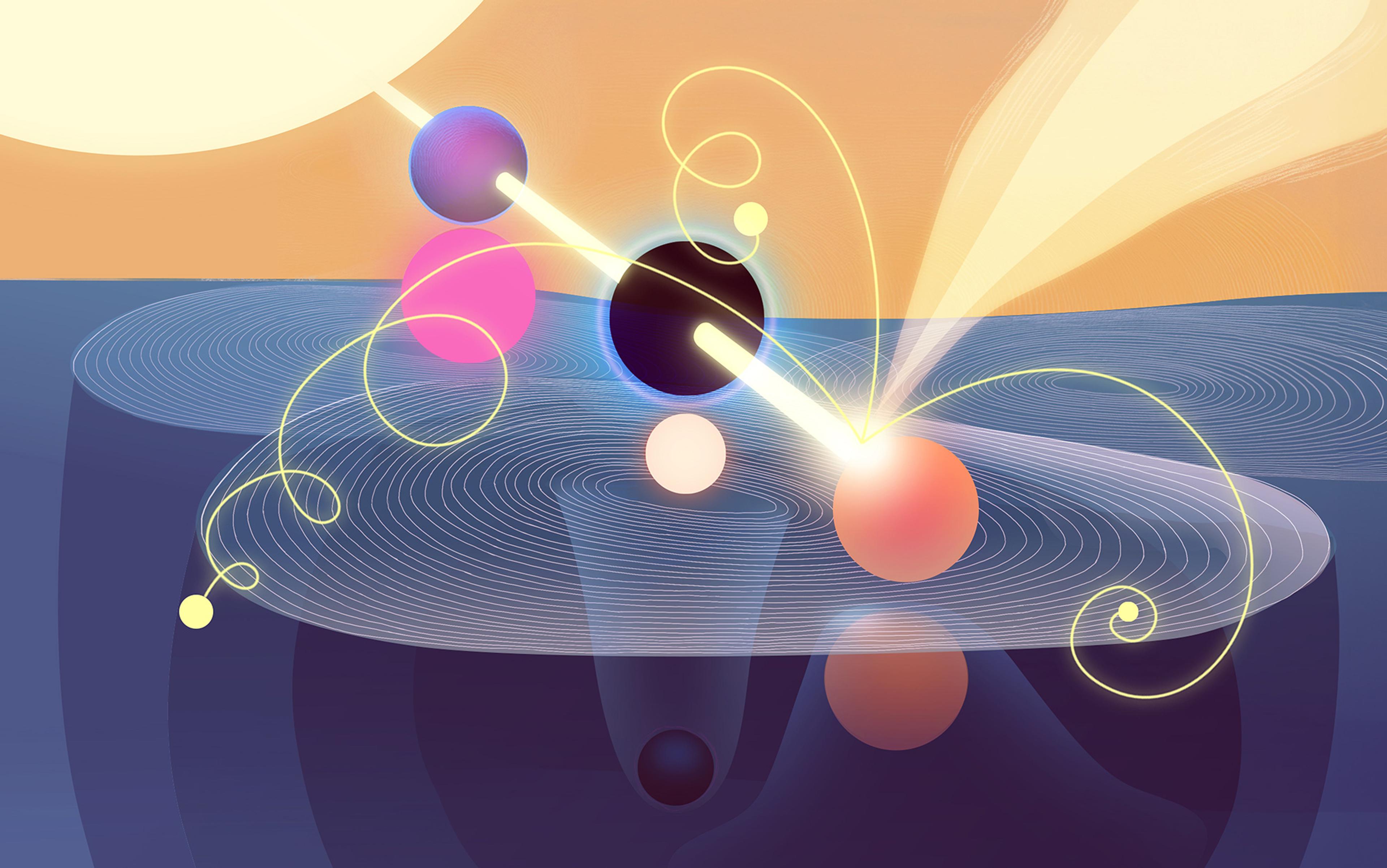 A digital painting of abstract shapes and lines featuring colourful spheres with light trails against a wavy background.