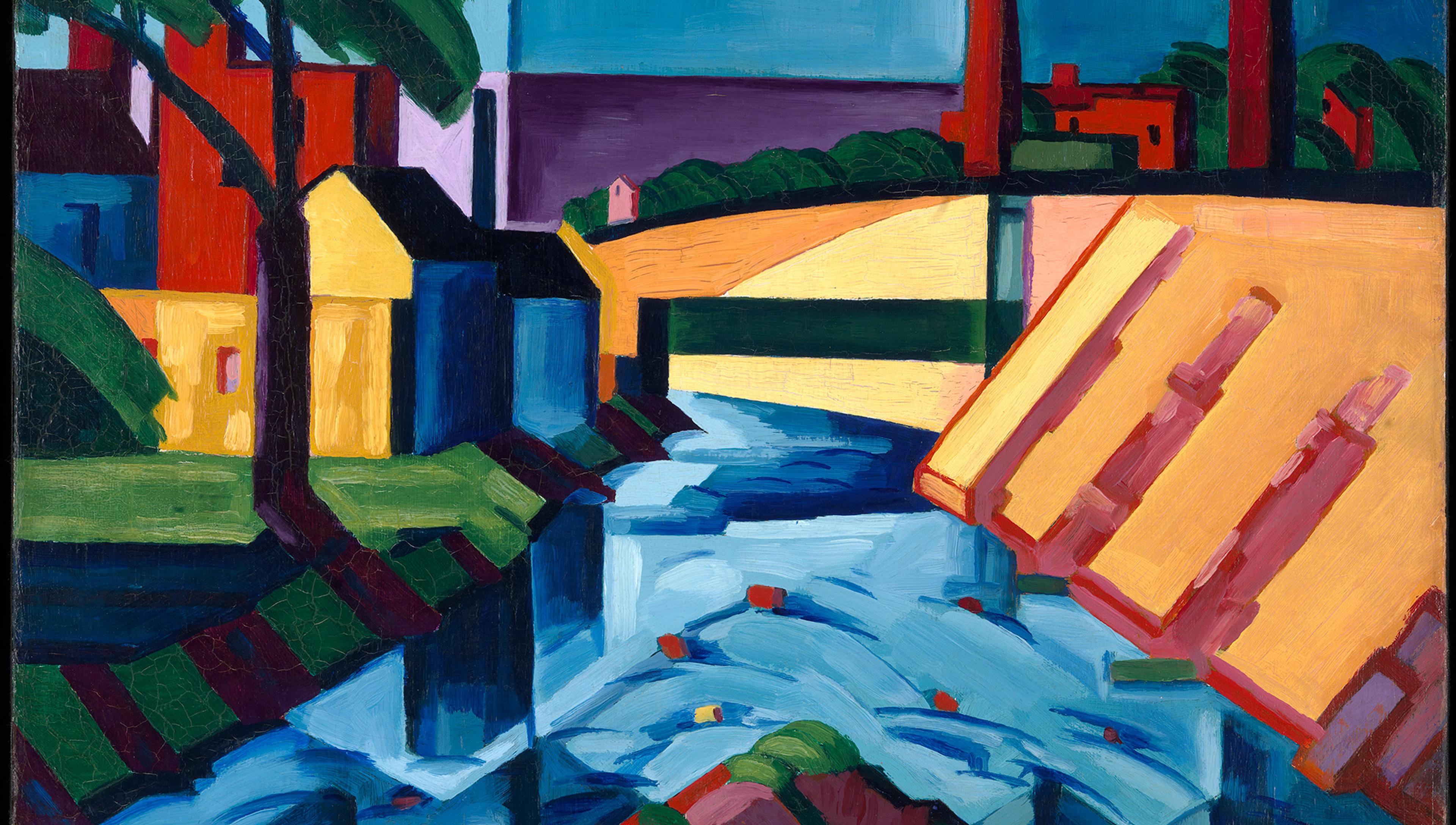 Abstract painting of a river with geometric, brightly coloured buildings and trees on the riverbank and a bridge in the background