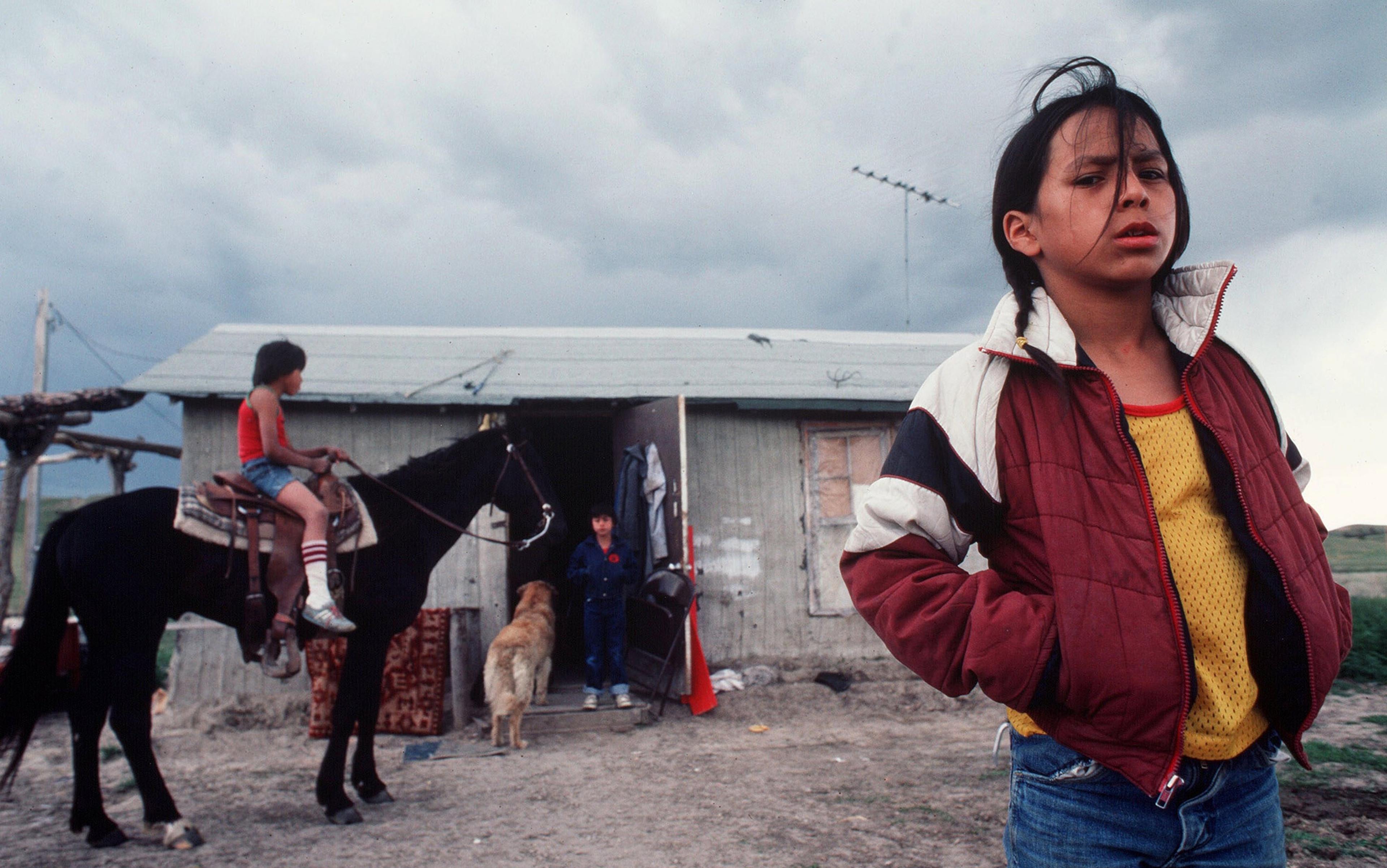 A child in a red jacket standing outside a house, another child on a horse, a dog and another person at the door. Sky is cloudy.