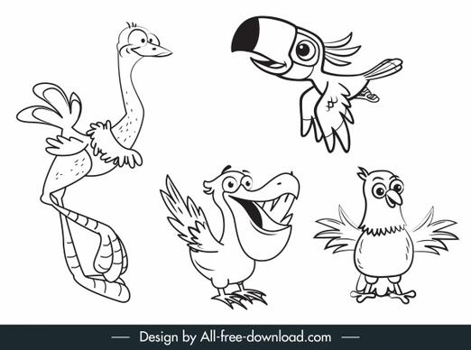 birds species icons black white handdrawn sketch