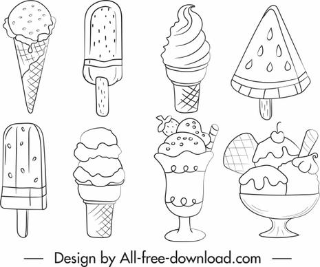 ice cream icons black white handdrawn sketch