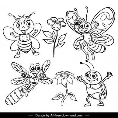 insects world icons black white cartoon sketch