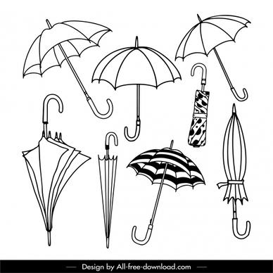 umbrella icons black white handdrawn sketch