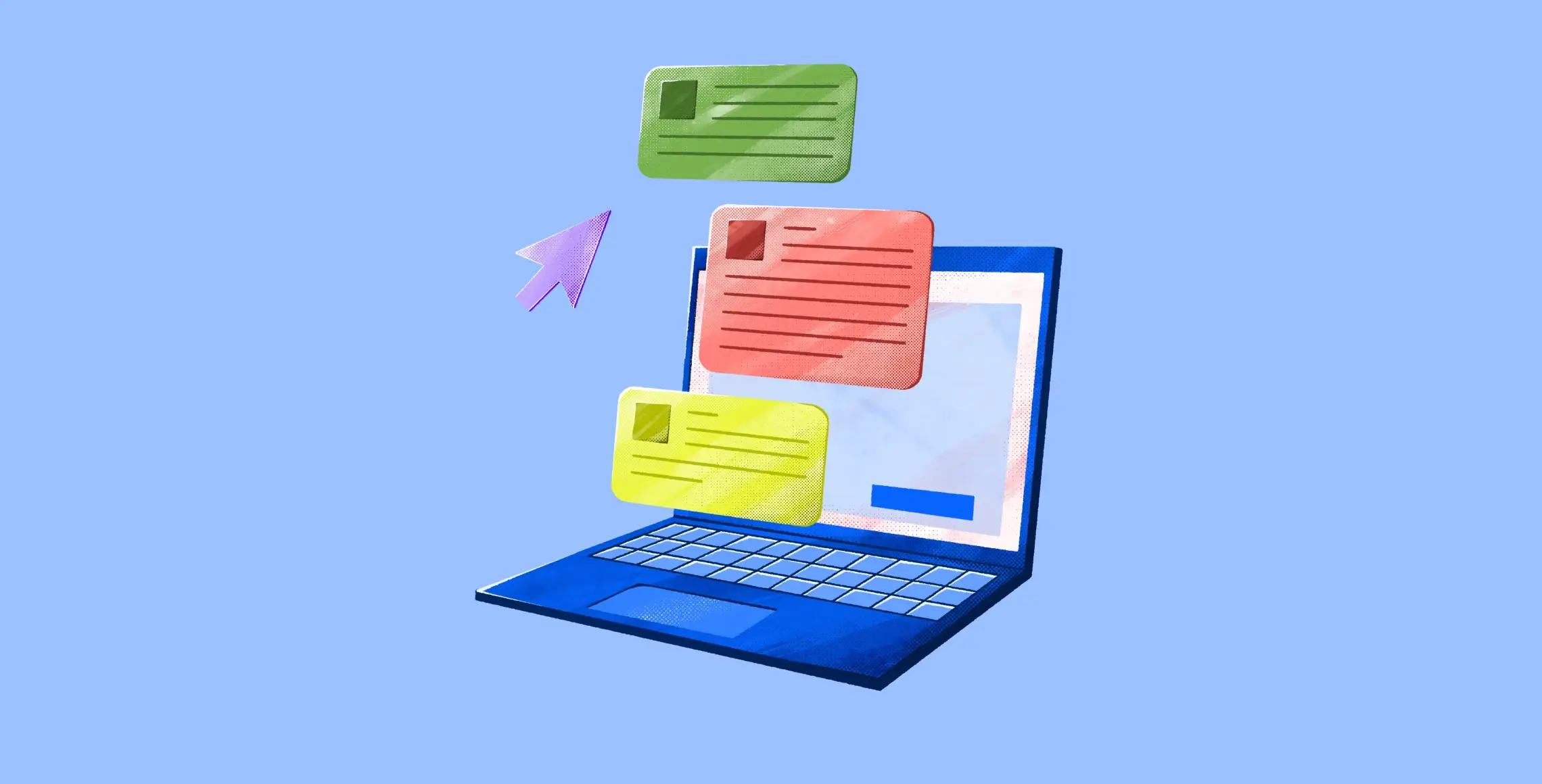 Illustration of a laptop with a blue screen. Three colorful documents, in green, red, and yellow, hover above the keyboard, and a purple cursor points towards them.