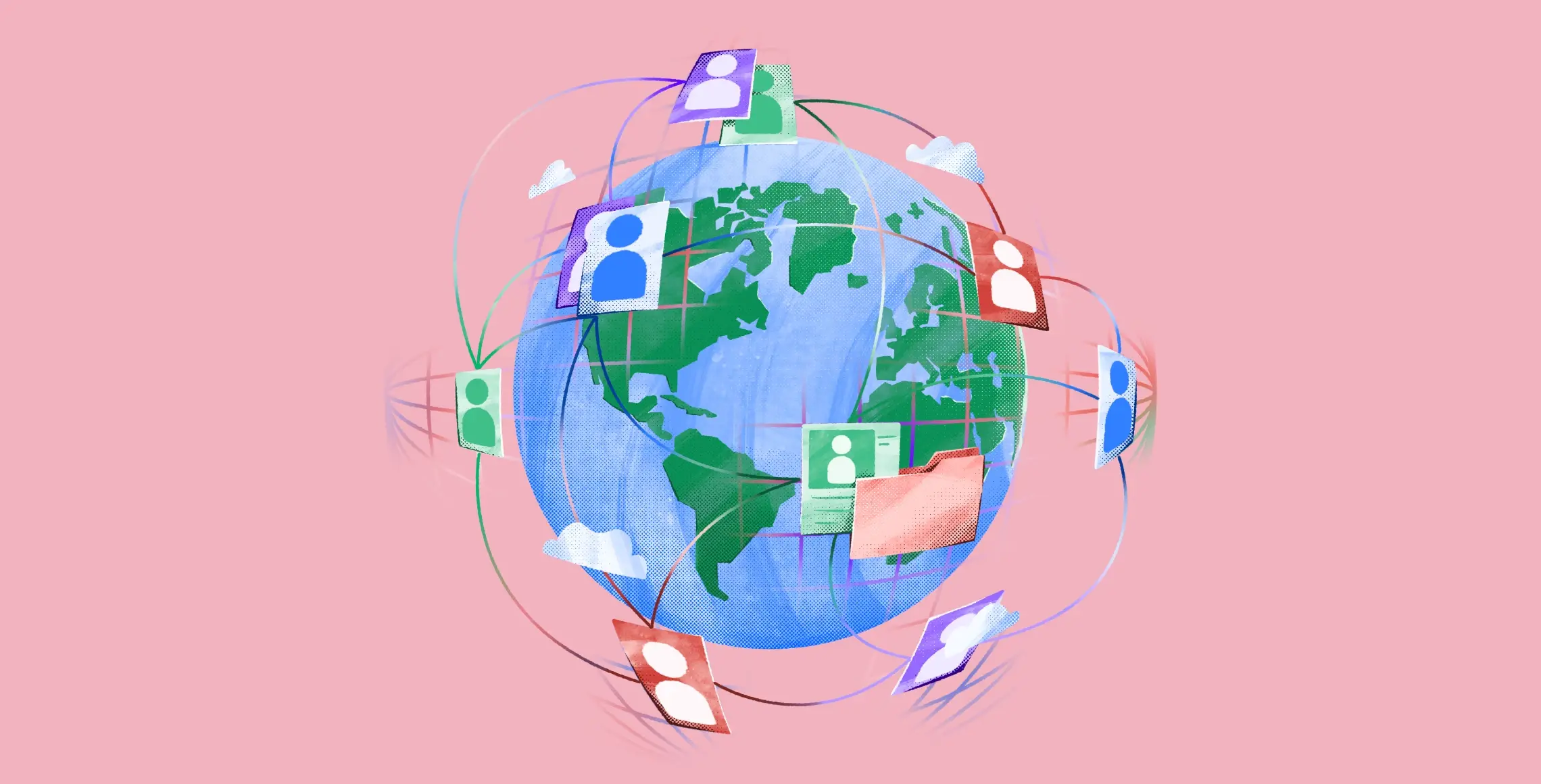 An illustrated globe with profile icons connected by lines, depicting a network of people around the world against a pink background.