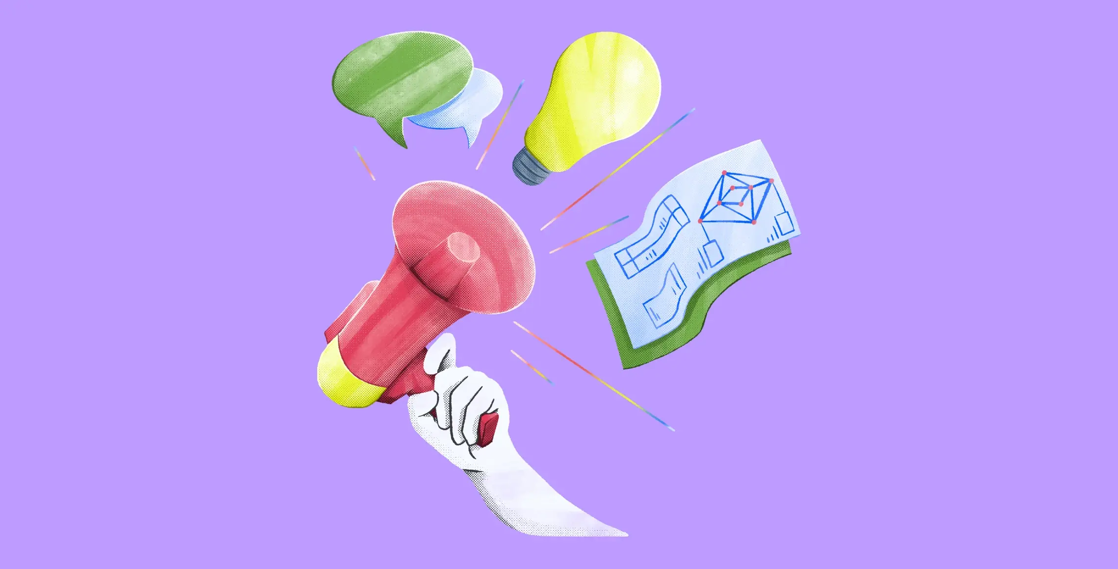 Illustration of a hand holding a red megaphone, with a speech bubble, light bulb, and blueprint floating above, set against a purple background.