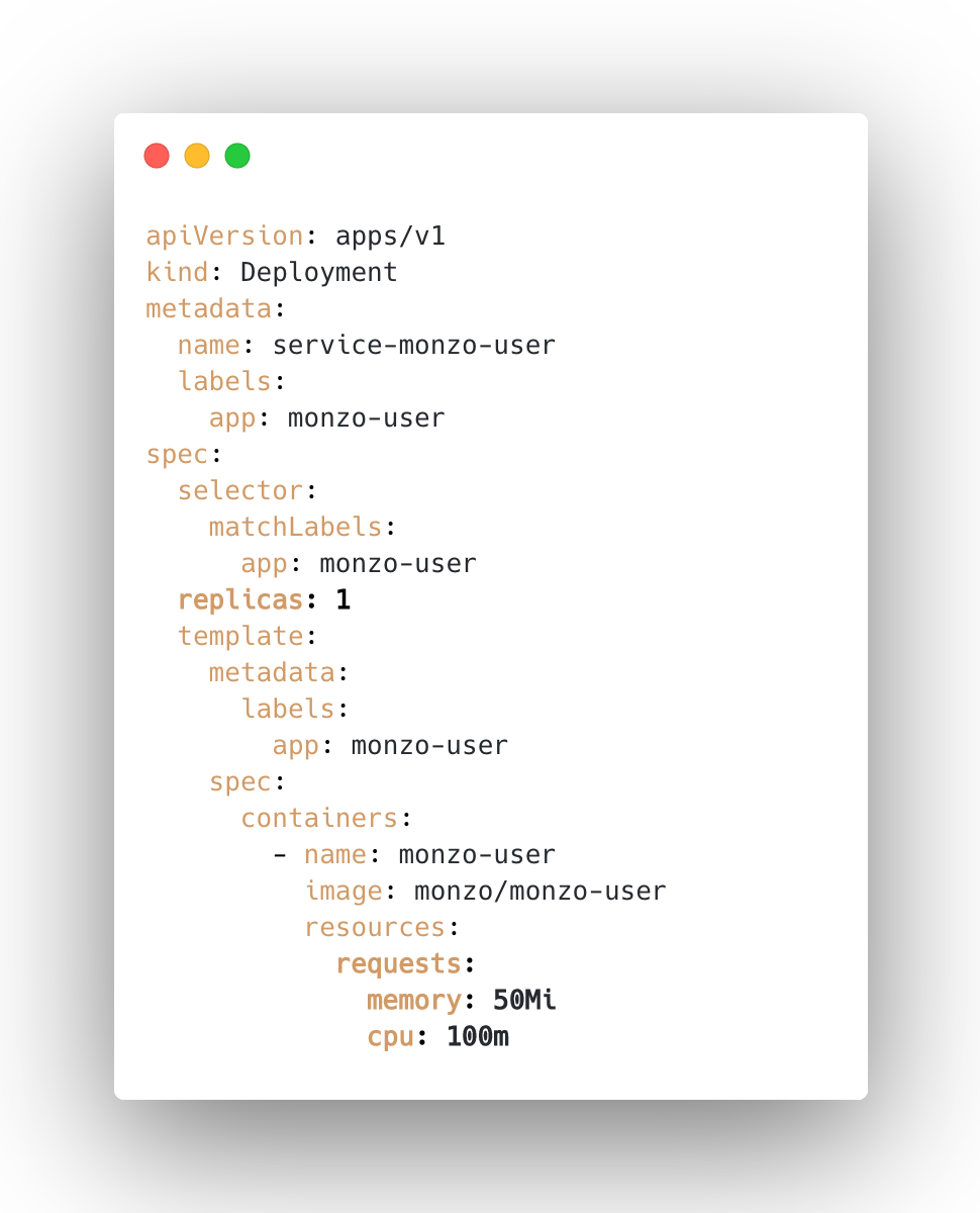 Kubernetes application deployment with 'replicas' set to 1, memory requests set to '50mi', and cpu set to '100m'