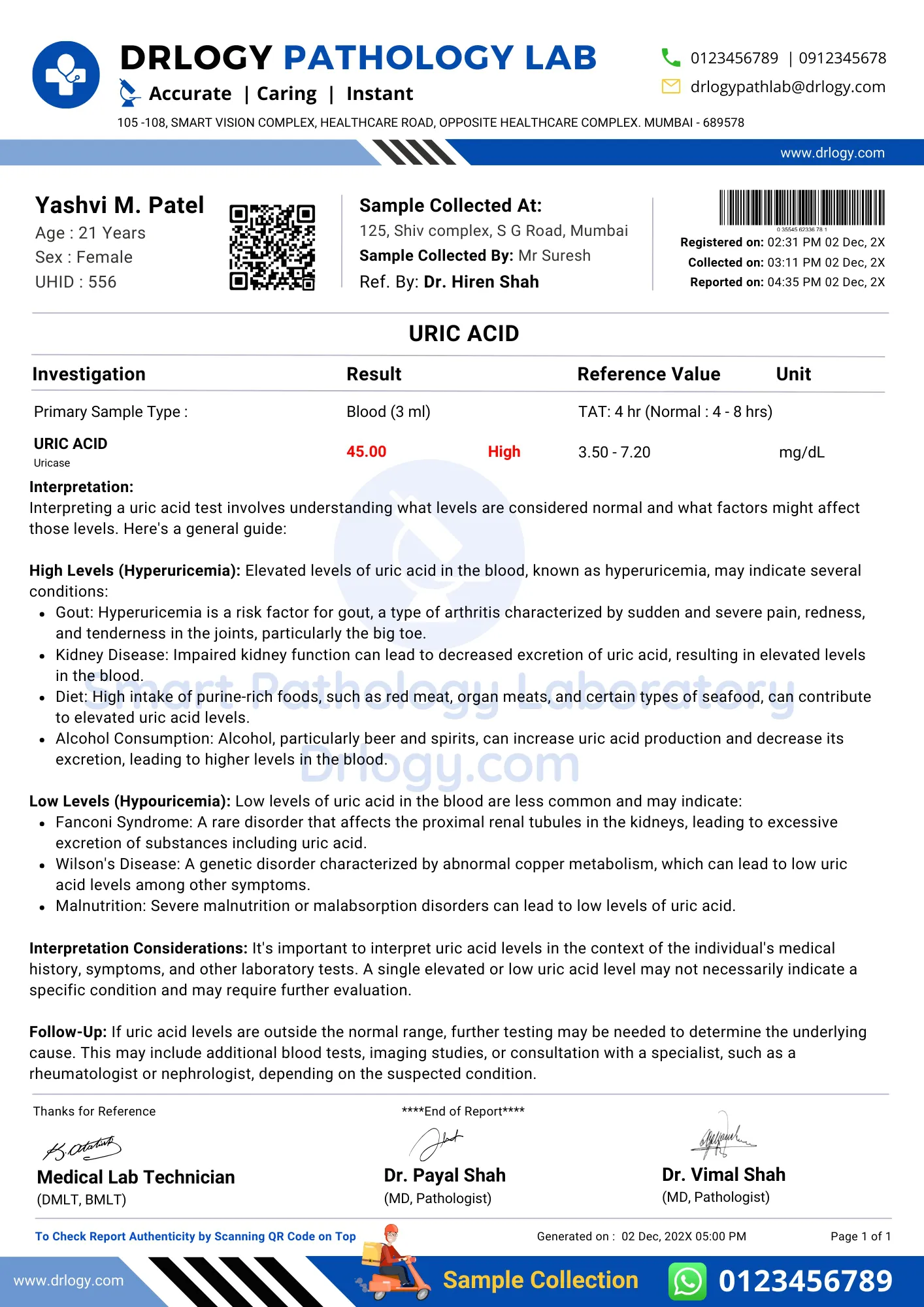 Uric Acid Abnormal Test Report Format Example Sample Template - Drlogy Pathology Lab Report Format