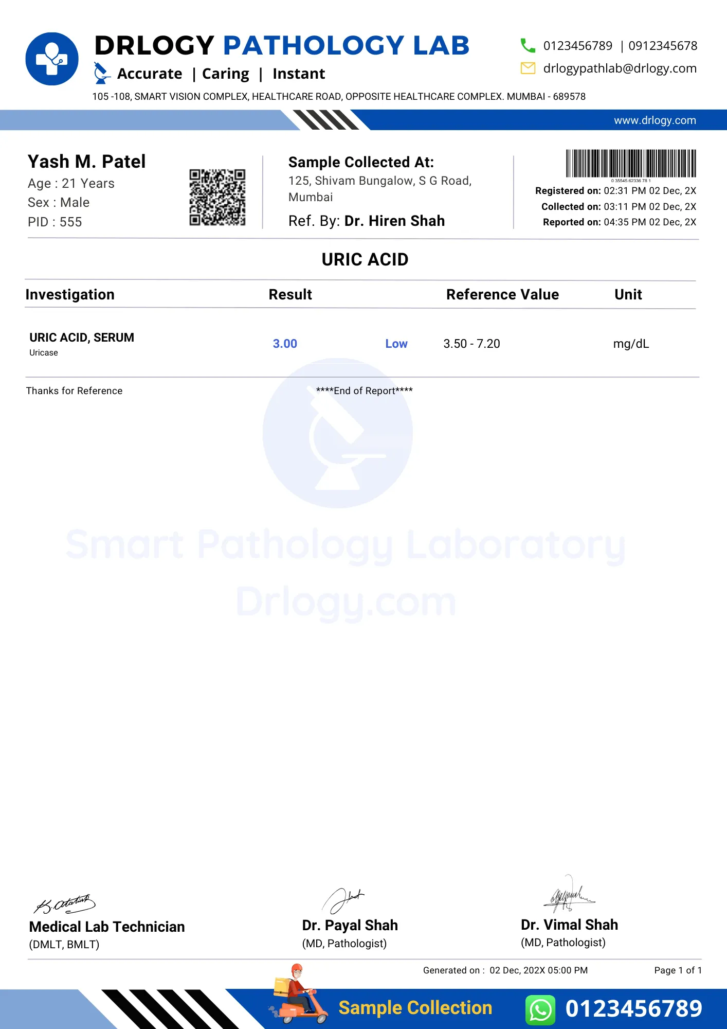 Uric Acid Test Report Format Example Sample Template - Drlogy Lab Report