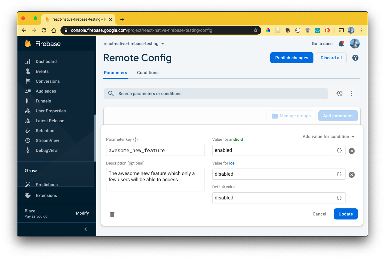 Firebase Console - Remote Config