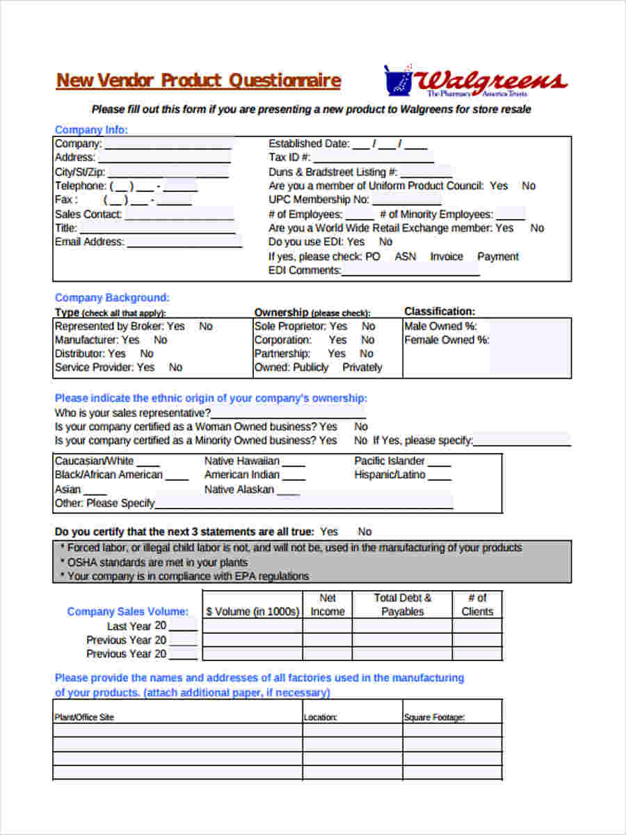 new vendor product questionnaire form