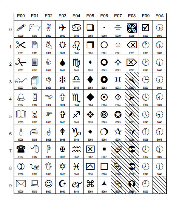 Wingdings 2 Character Map